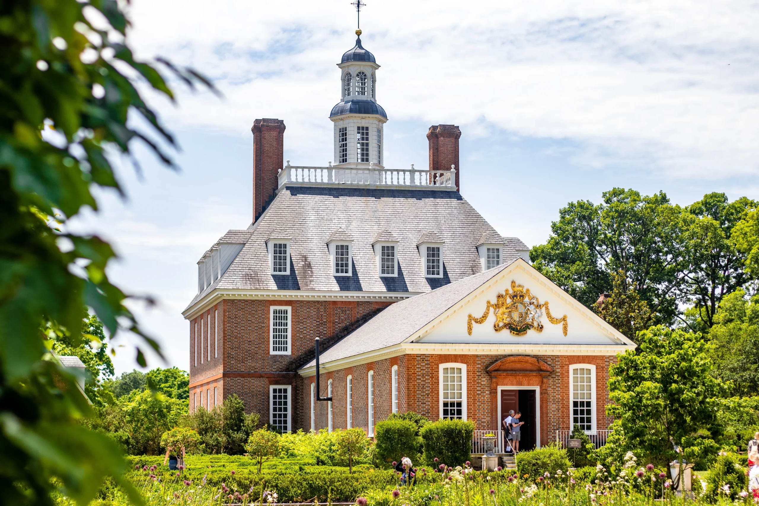 Historic colonial red brick facade and classical architecture of Governor Calvert House on State Circle in downtown Annapolis MD